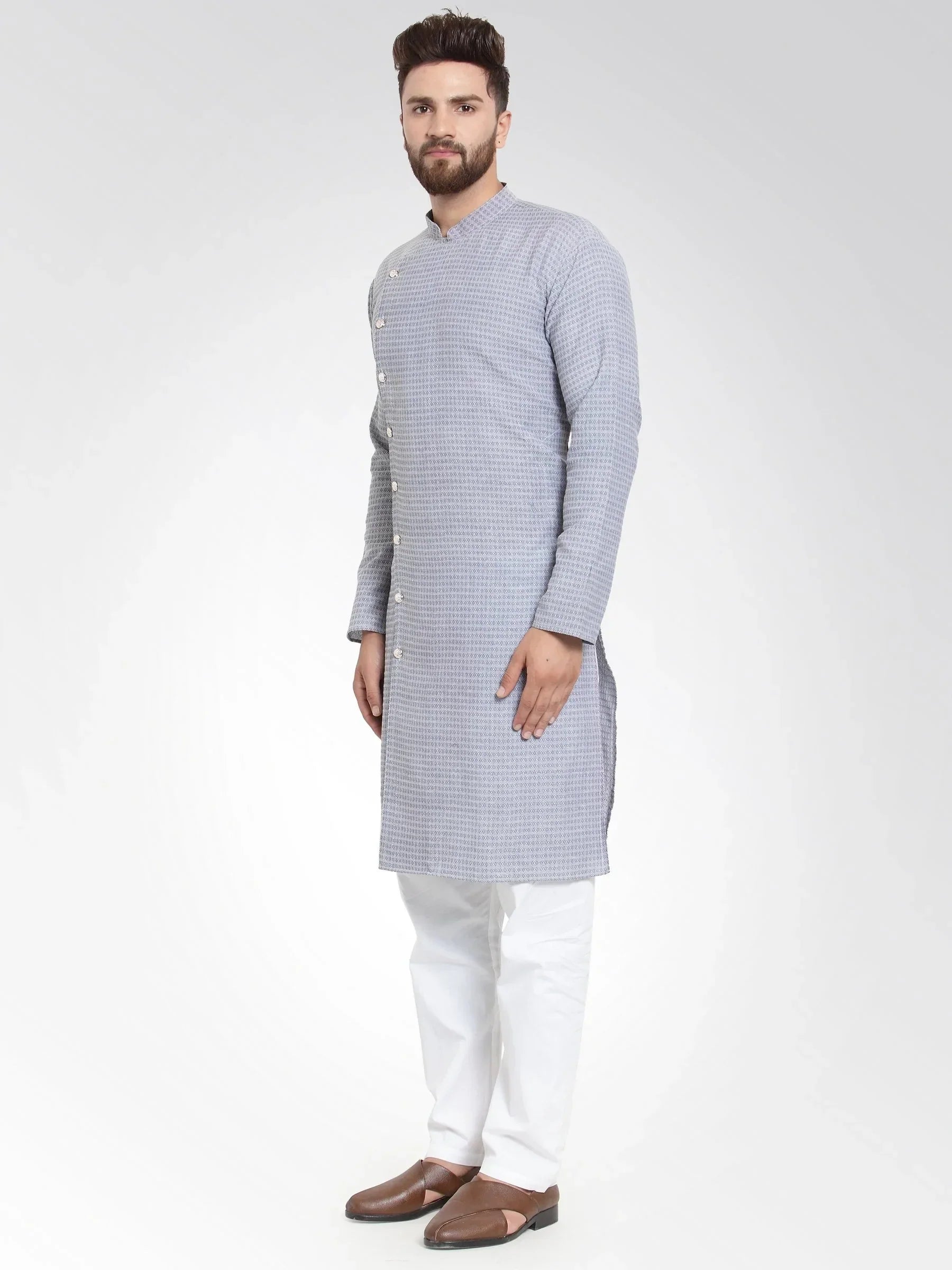 Jompers Men's Steel Blue Self Design Kurta Only