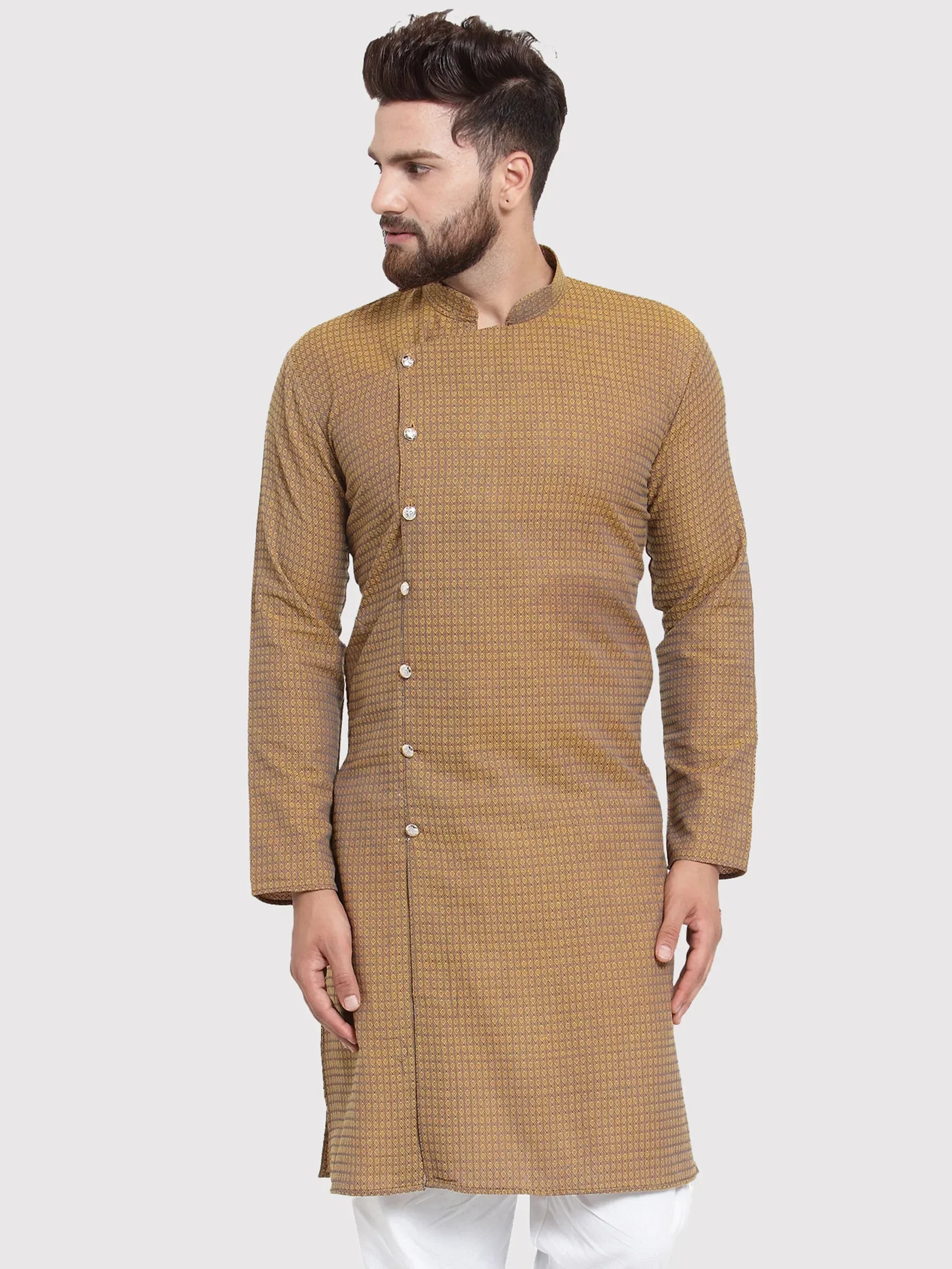 Jompers Men's Yellow Self Design Kurta Only
