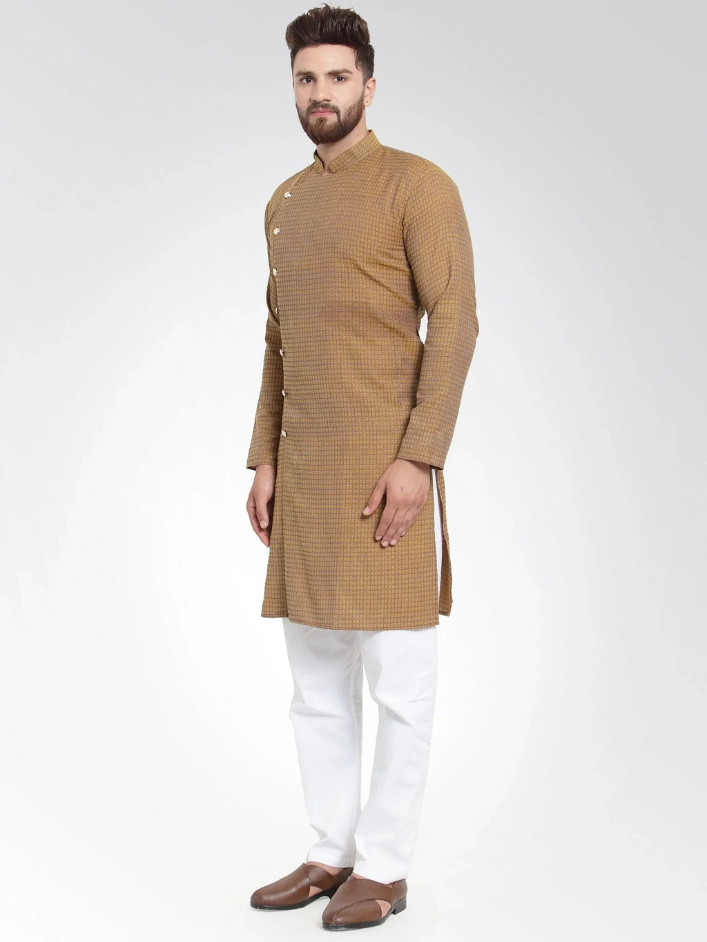 Jompers Men's Yellow Self Design Kurta Only