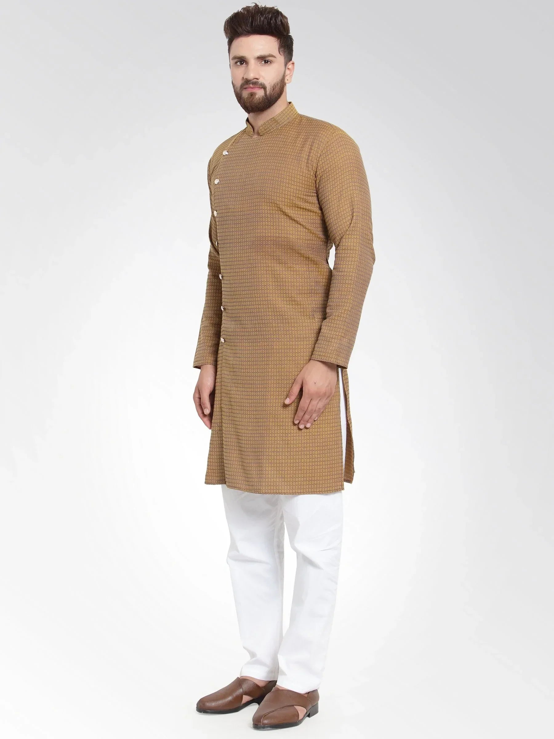 Jompers Men's Yellow Self Design Kurta Only