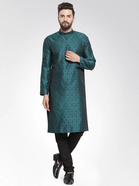 Jompers Men's Green-Colored & Black Self Design Kurta Only