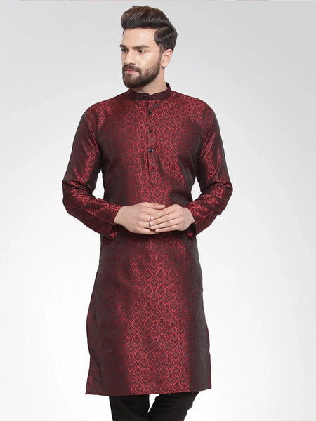 Jompers Men's Maroon-Colored & Black Self Design Kurta Only