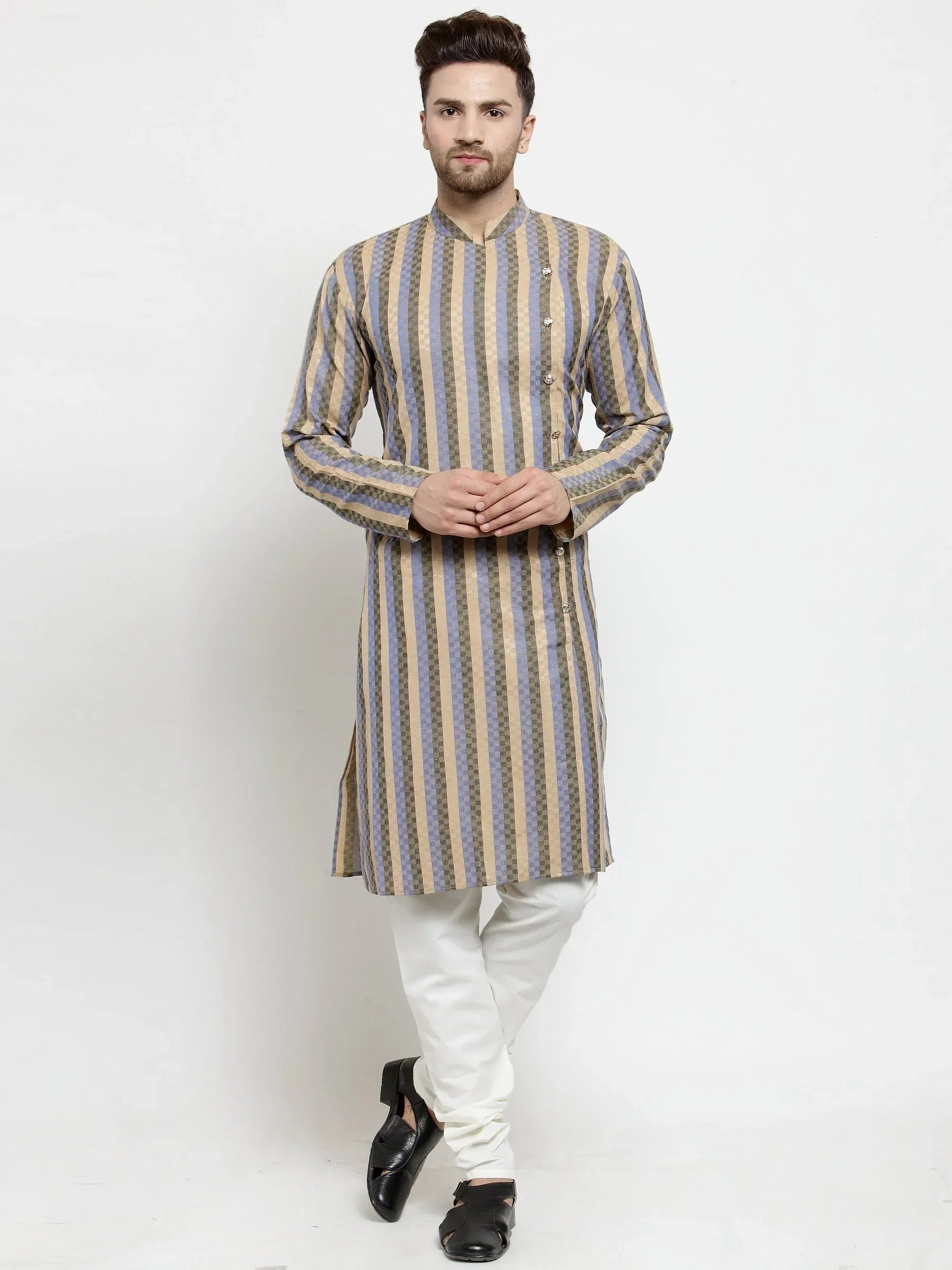 Jompers Men's Blue and black Self Design Stripped Kurta Only