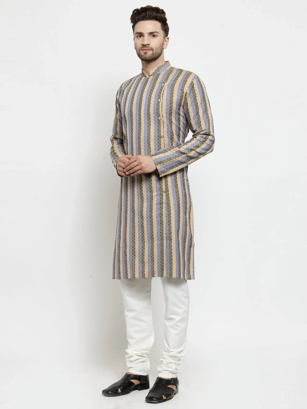 Jompers Men's Blue and black Self Design Stripped Kurta Only