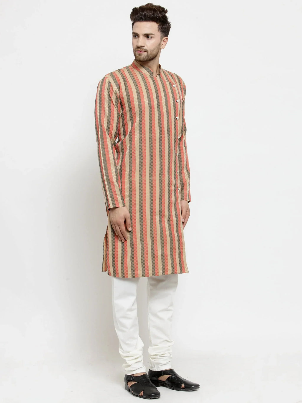 Jompers Men's Red and black Self Design Stripped Kurta Only