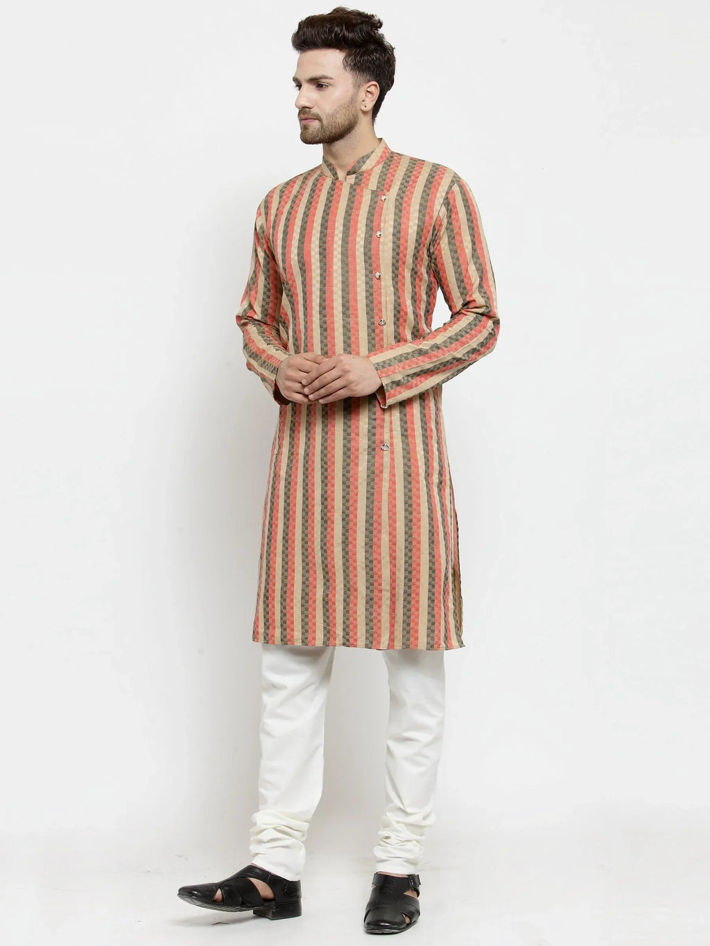 Jompers Men's Red and black Self Design Stripped Kurta Only
