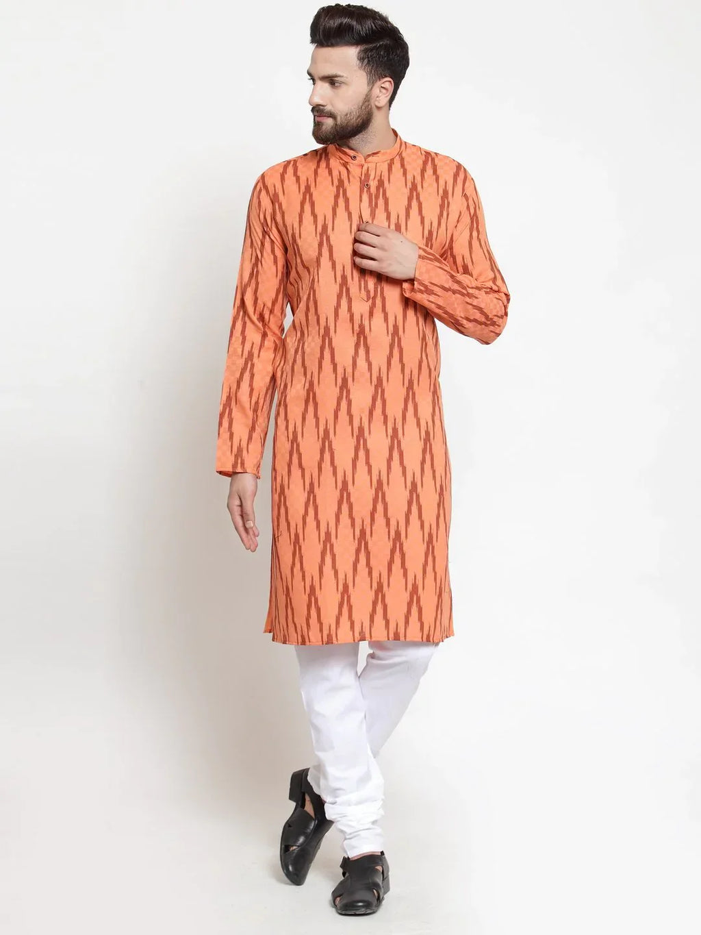Jompers Men's Orange Printed Kurta Only