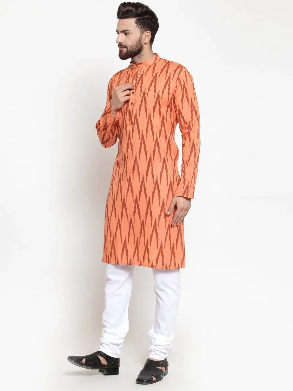 Jompers Men's Orange Printed Kurta Only