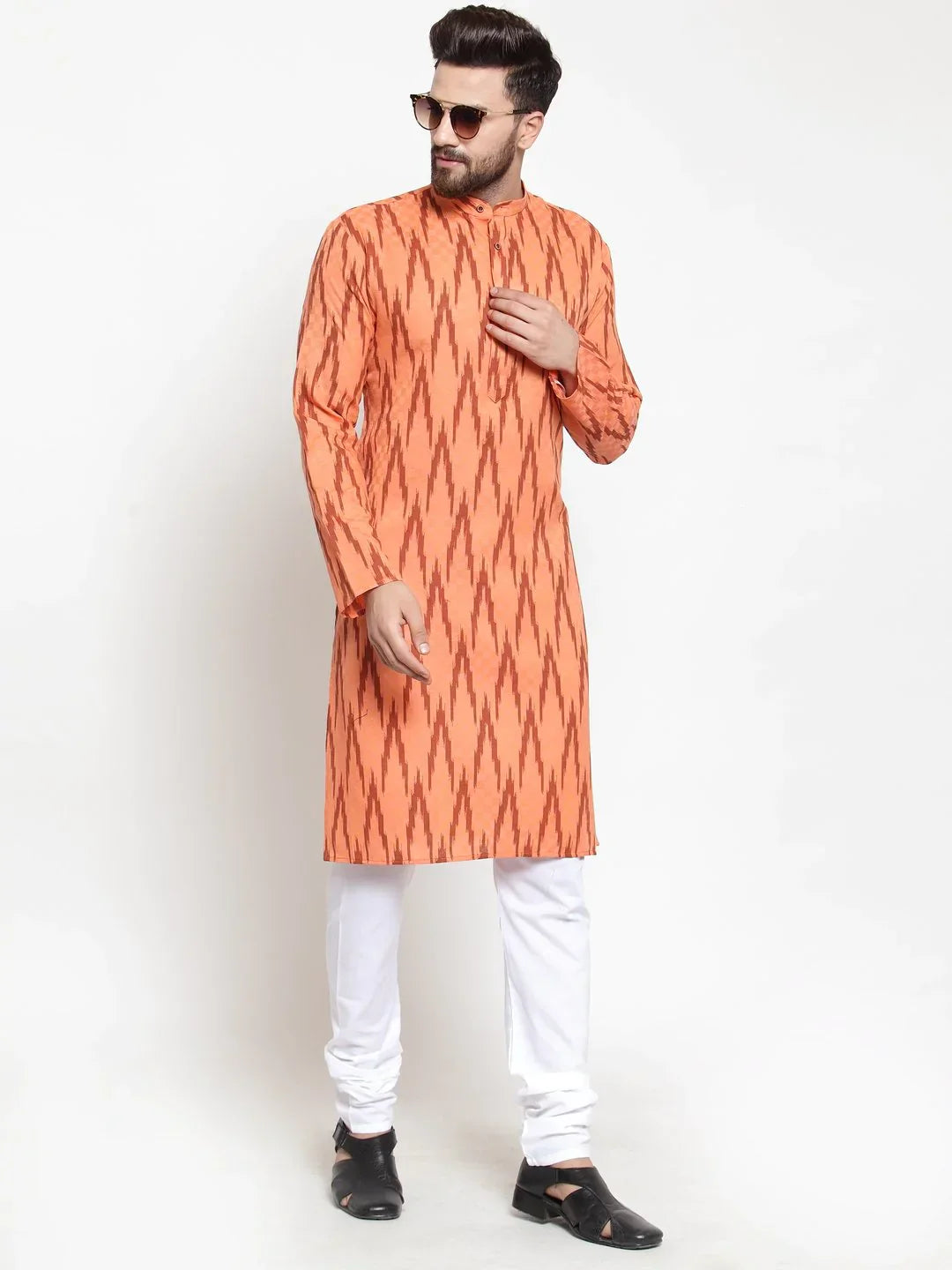 Jompers Men's Orange Printed Kurta Only