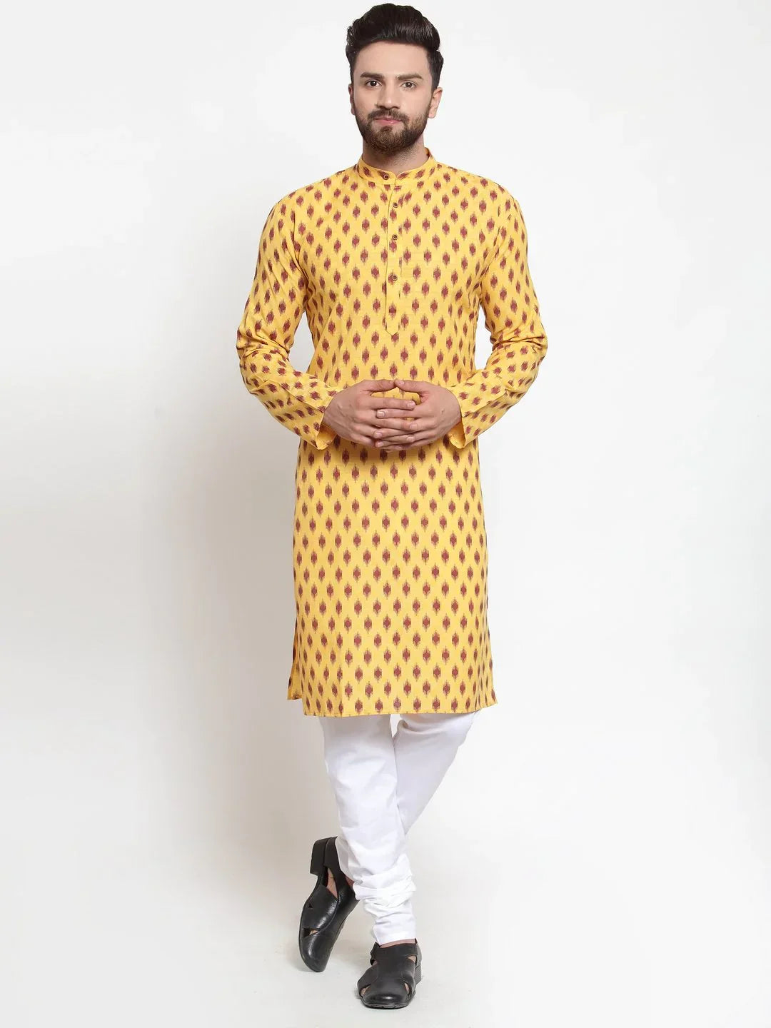 Jompers Men's Yellow Printed Kurta Only