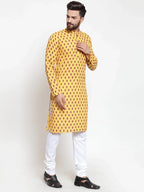 Jompers Men's Yellow Printed Kurta Only