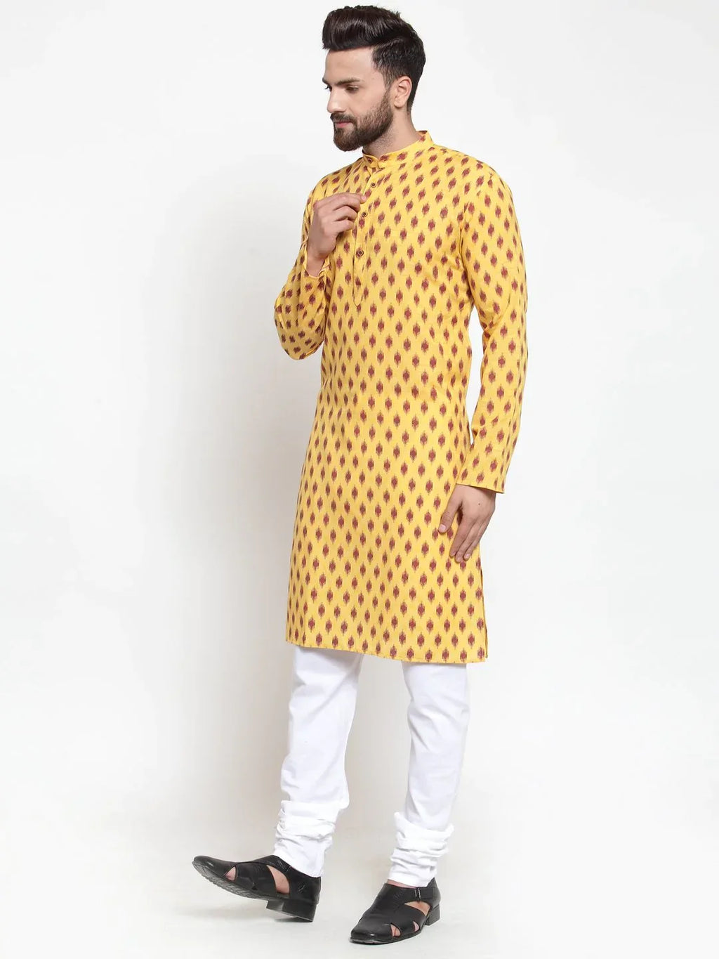 Jompers Men's Yellow Printed Kurta Only