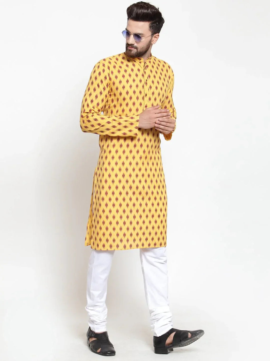 Jompers Men's Yellow Printed Kurta Only
