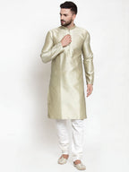 Jompers Men Beige & White Self Design Kurta with Churidar