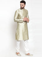Jompers Men Beige & White Self Design Kurta with Churidar
