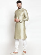 Jompers Men Beige & White Self Design Kurta with Churidar