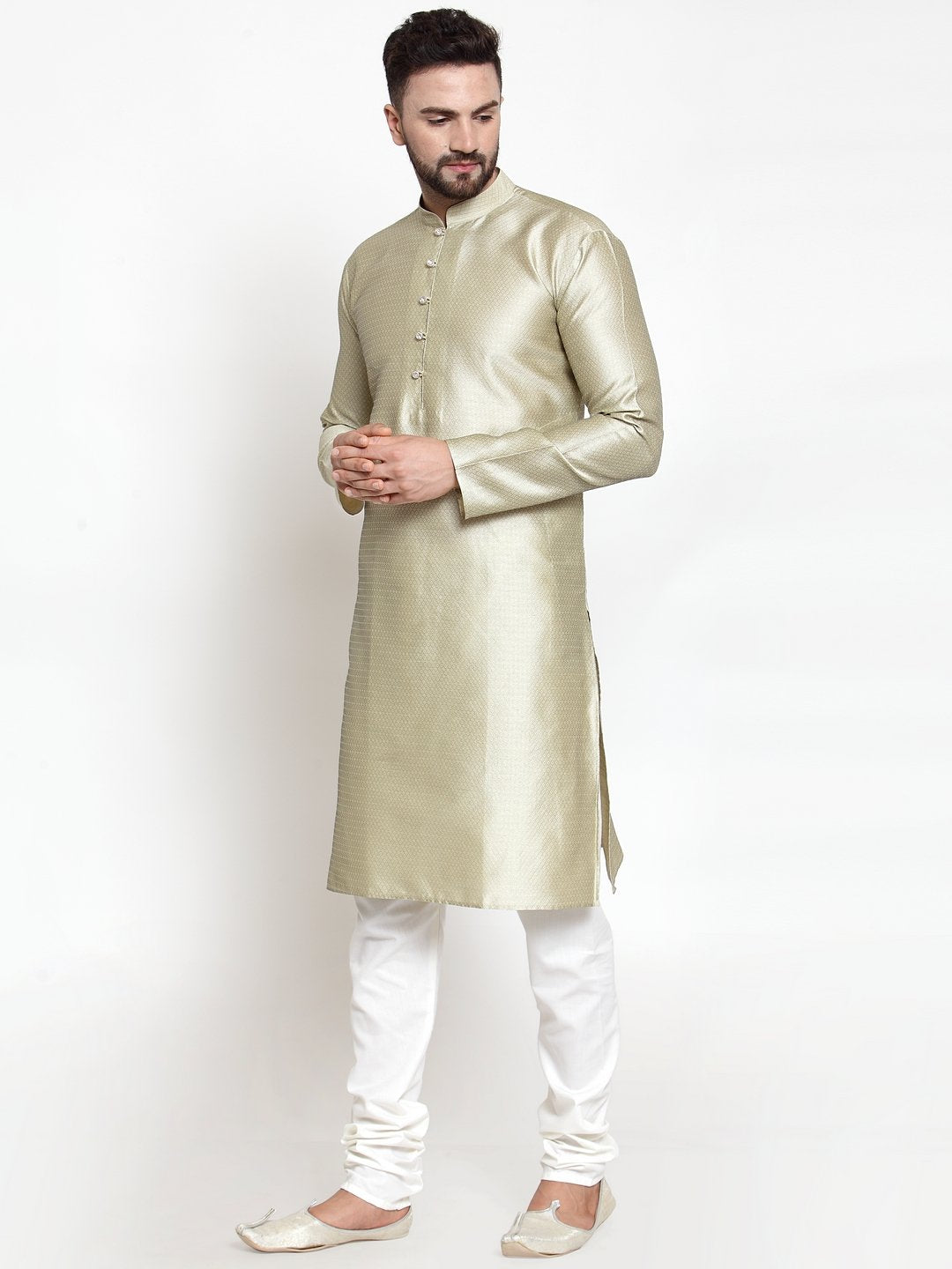 Jompers Men Beige & White Self Design Kurta with Churidar