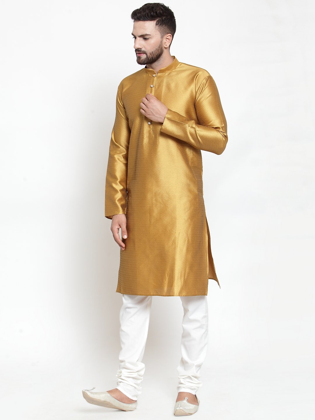 Jompers Men Mustard & White Self Design Kurta with Churidar - Distacart