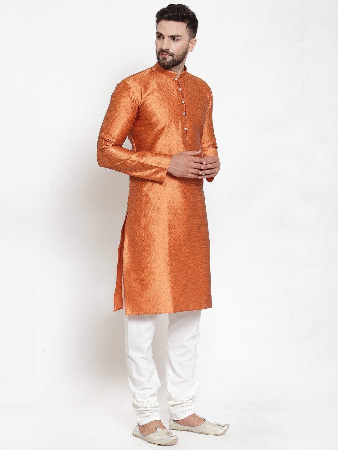 Jompers Men Orange & White Self Design Kurta with Churidar - Distacart