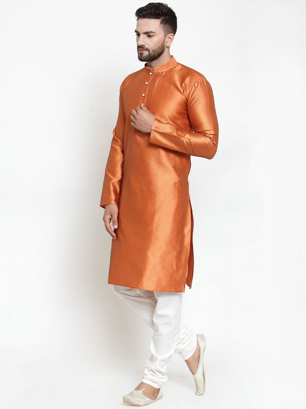 Jompers Men Orange & White Self Design Kurta with Churidar - Distacart