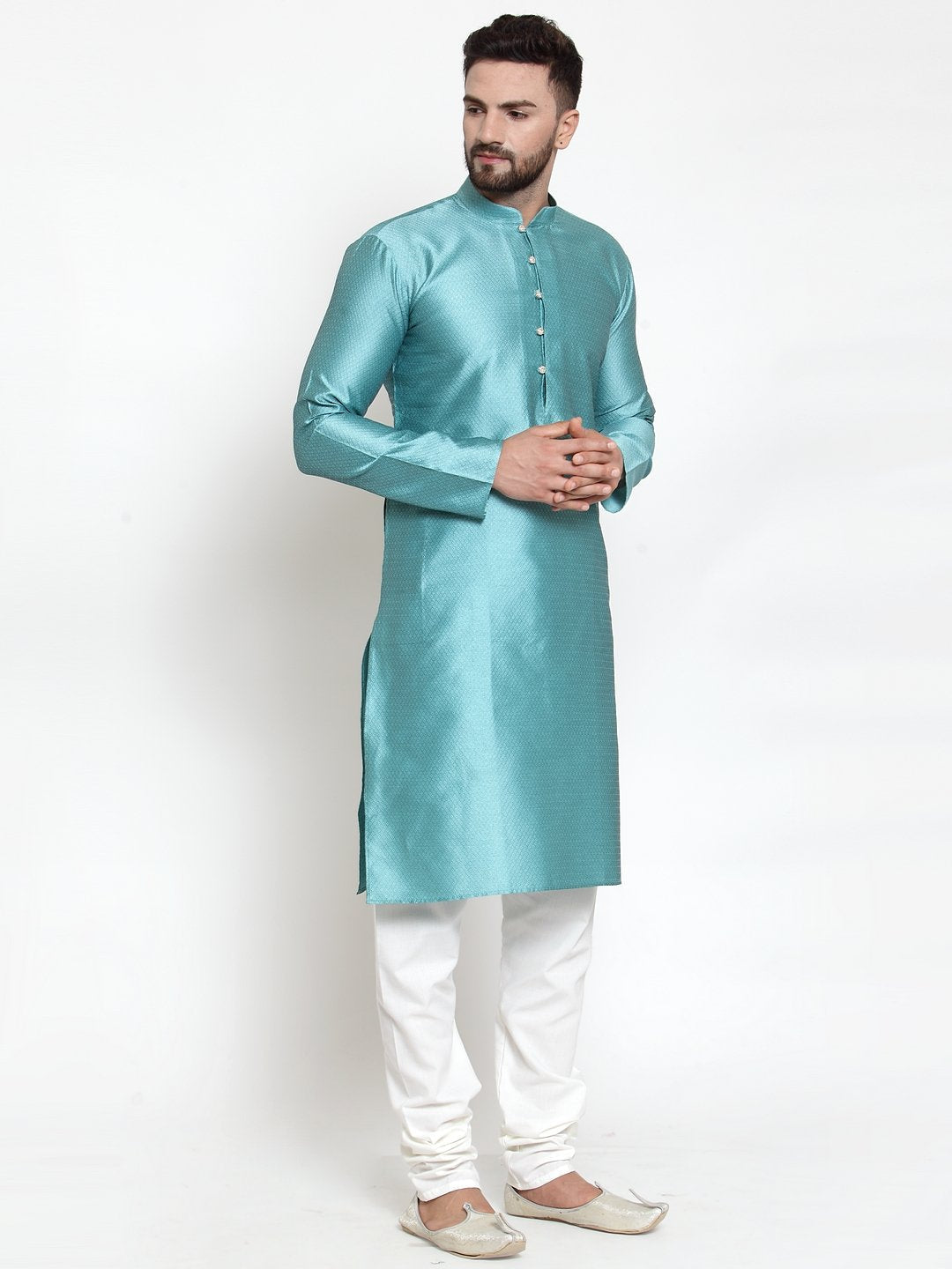 Jompers Men Light-Blue & White Self Design Kurta with Churidar - Distacart