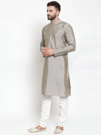 Jompers Men Grey & Golden Self Design Kurta with Churidar - Distacart