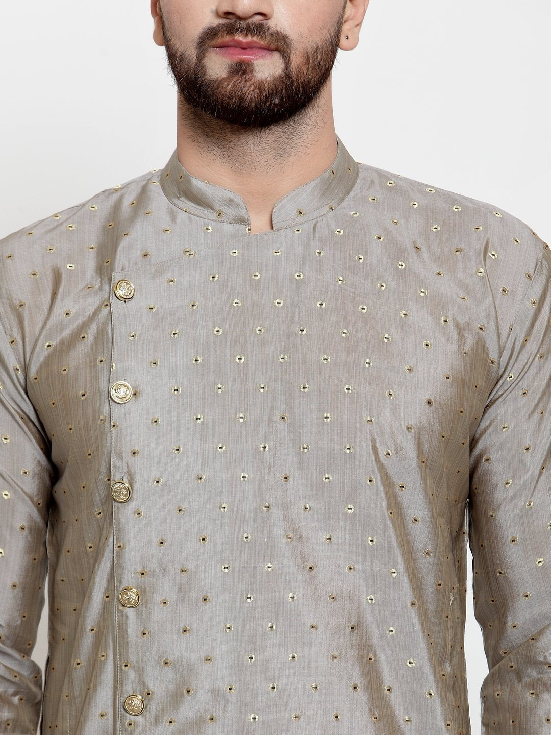 Jompers Men Grey & Golden Self Design Kurta with Churidar - Distacart