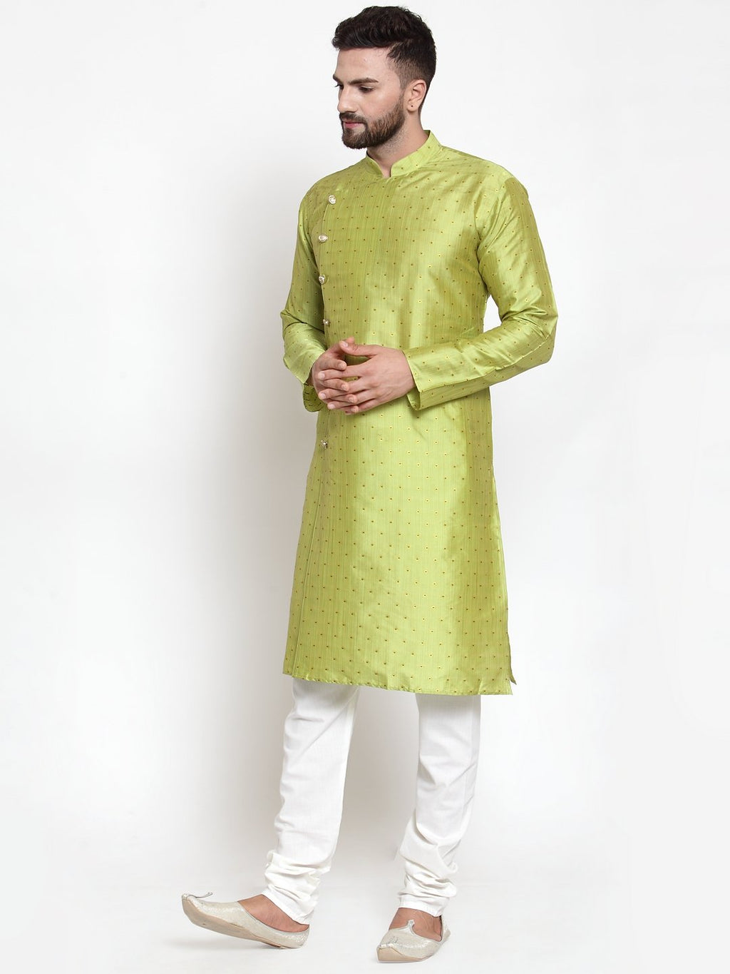Jompers Men Light-Green & Golden Self Design Kurta with Churidar - Distacart