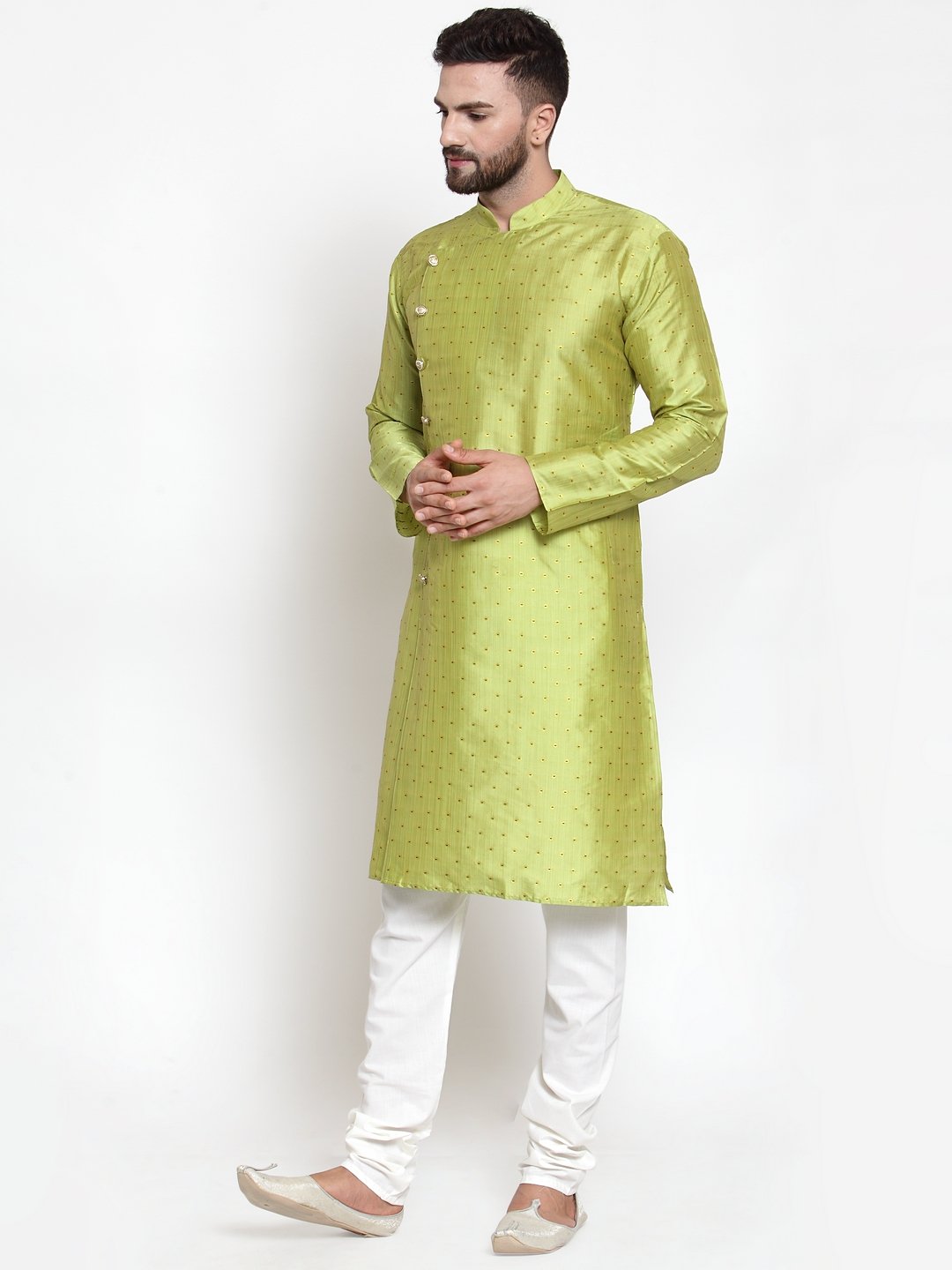 Jompers Men Light-Green & Golden Self Design Kurta with Churidar - Distacart