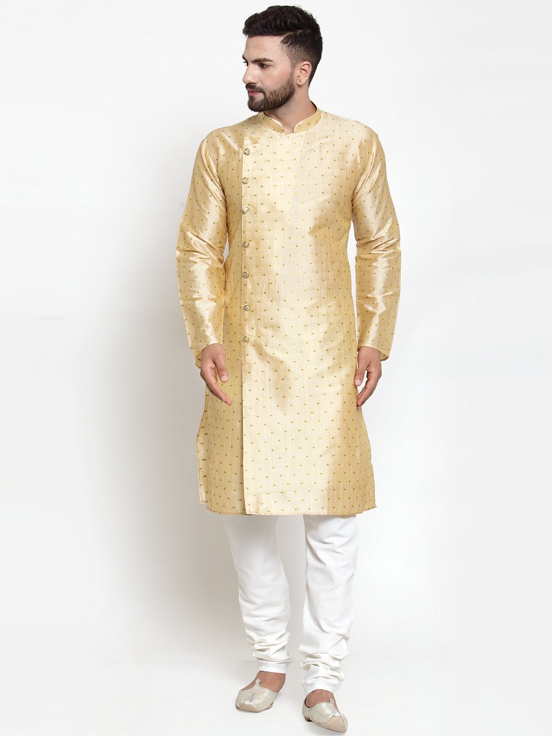 Jompers Men Mustard & Golden Self Design Kurta with Churidar - Distacart