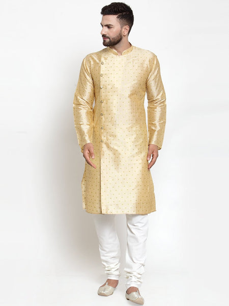 Jompers Men Mustard & Golden Self Design Kurta with Churidar
