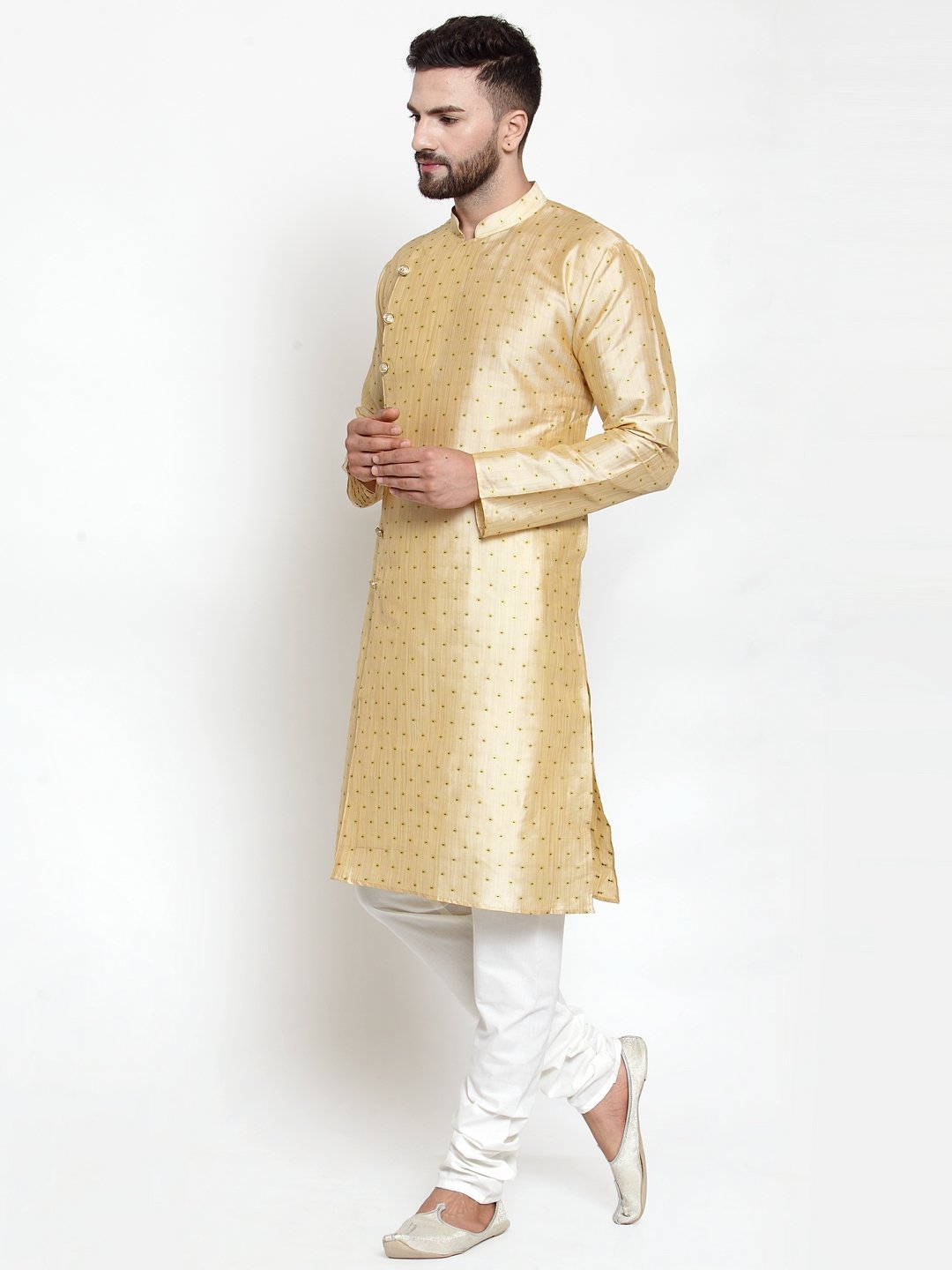 Jompers Men Mustard & Golden Self Design Kurta with Churidar - Distacart