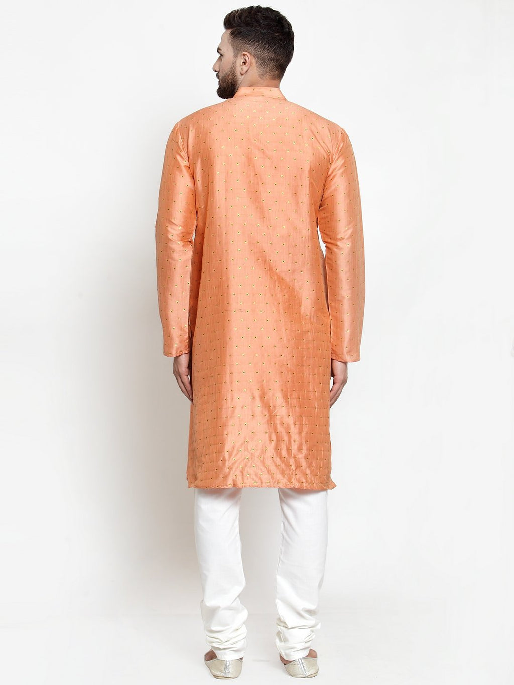 Jompers Men Peach & Golden Self Design Kurta with Churidar - Distacart