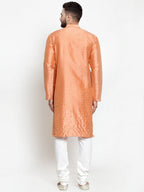 Jompers Men Peach & Golden Self Design Kurta Only - Distacart