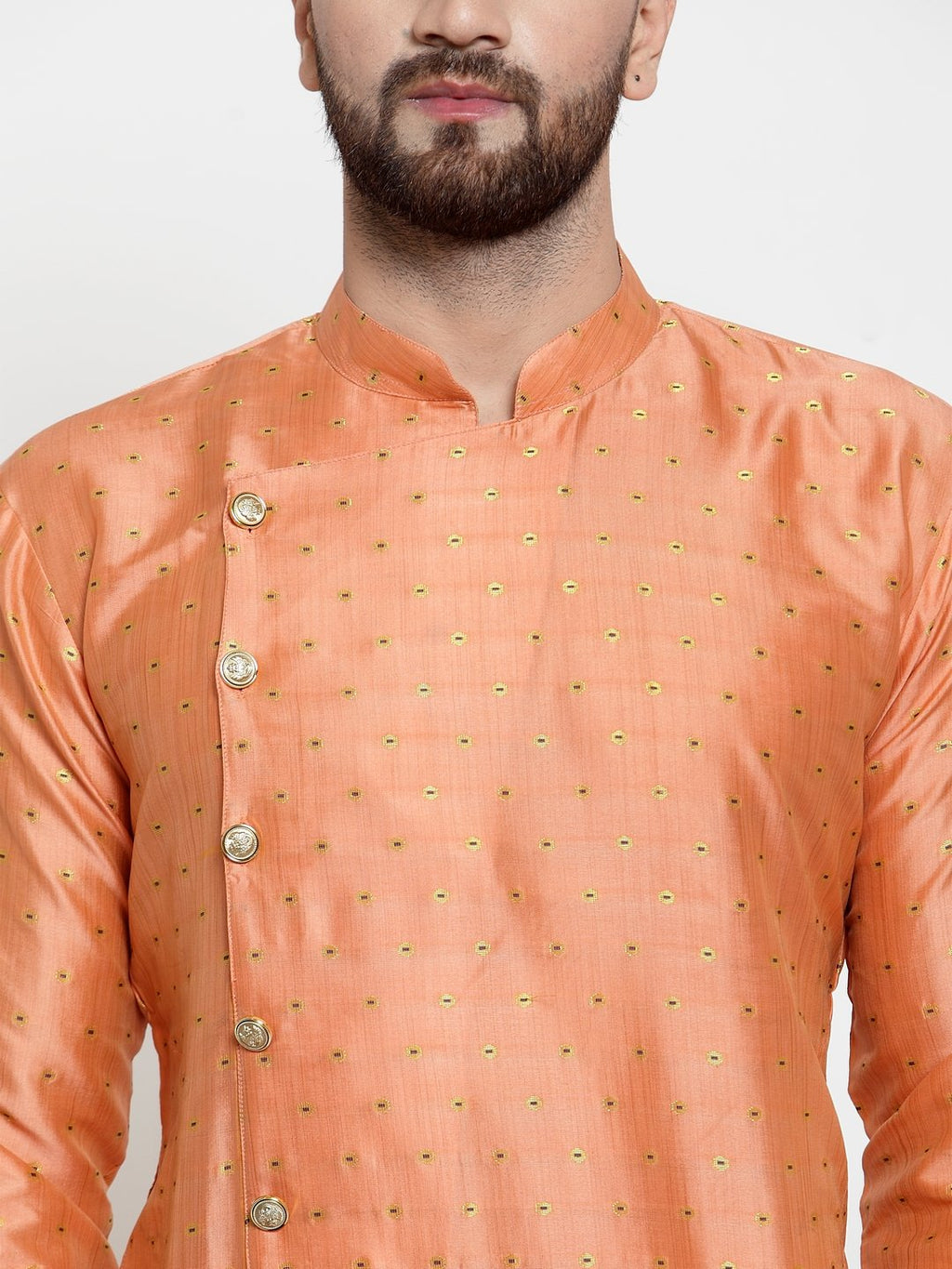 Jompers Men Peach & Golden Self Design Kurta with Churidar - Distacart