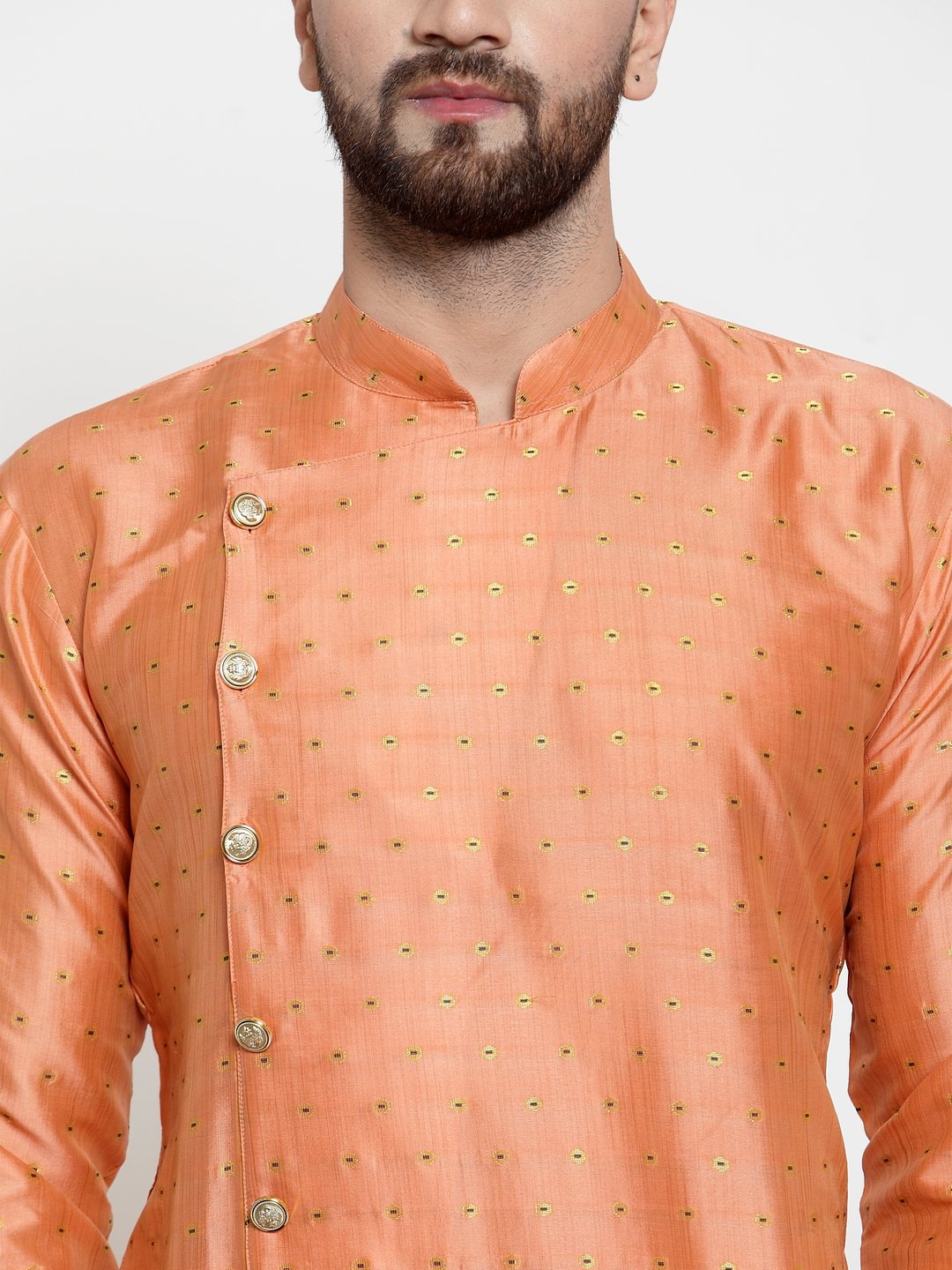Jompers Men Peach & Golden Self Design Kurta with Churidar - Distacart