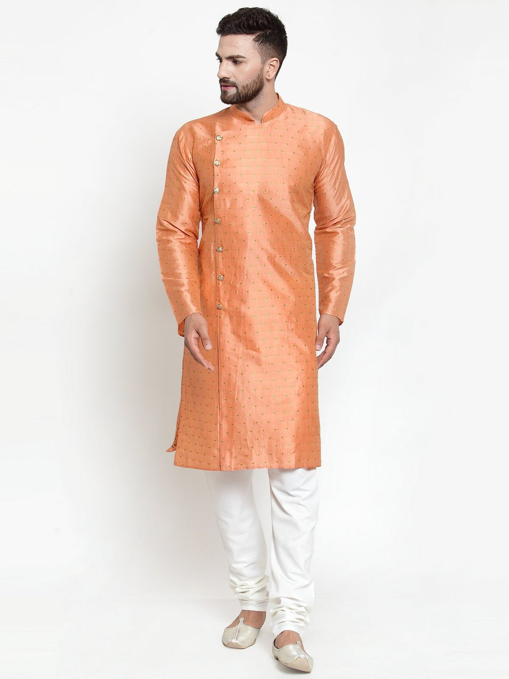 Jompers Men Peach & Golden Self Design Kurta with Churidar - Distacart