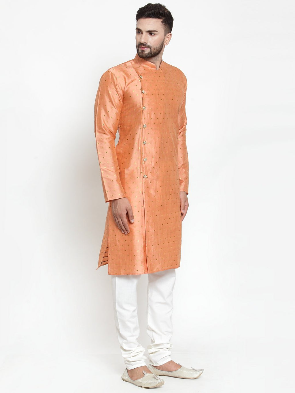 Jompers Men Peach & Golden Self Design Kurta with Churidar - Distacart