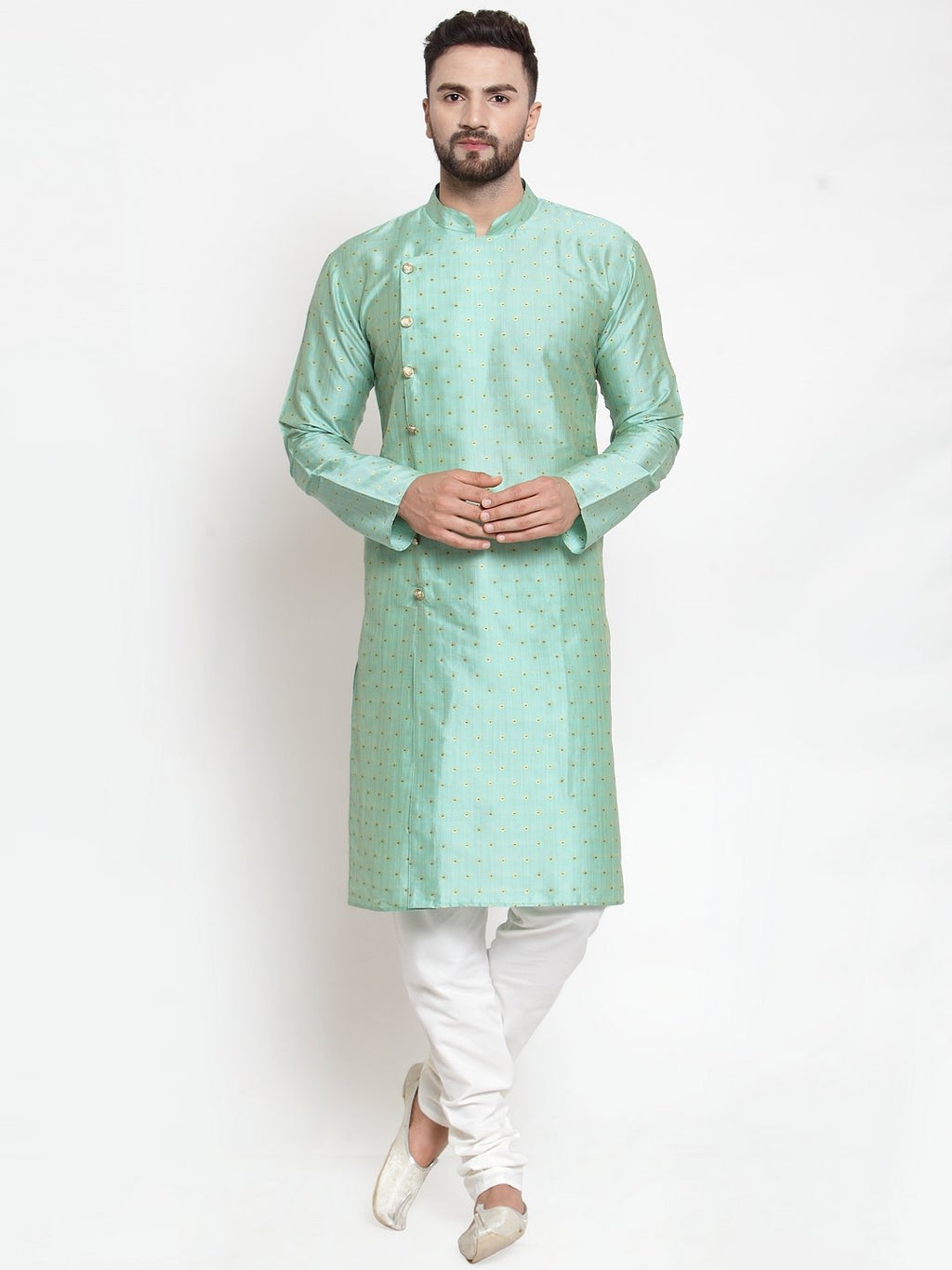 Jompers Men Sky-Blue & Golden Self Design Kurta Only - Distacart