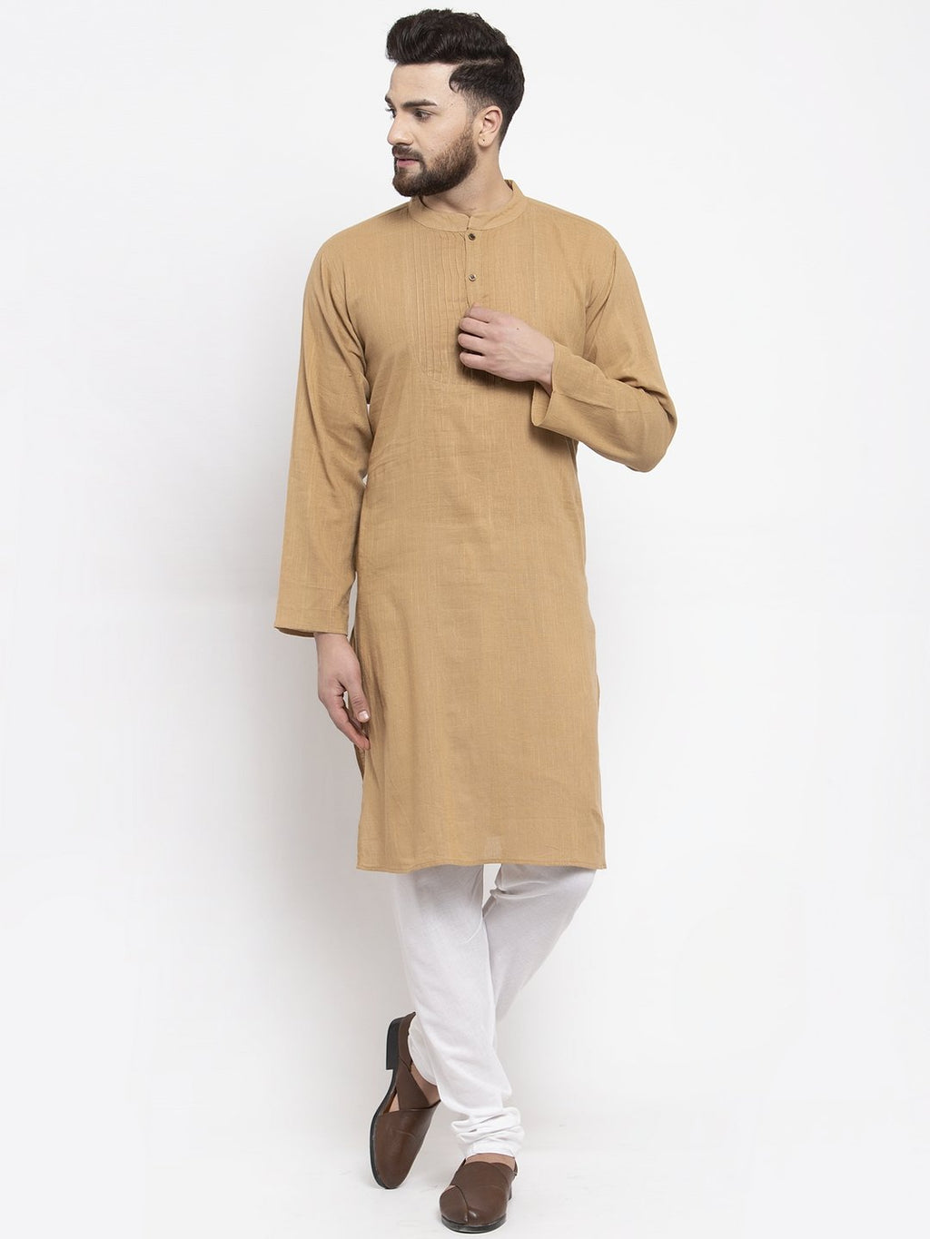 Jompers Men Beige & White Solid Pin-tucks Kurta with Churidar - Distacart