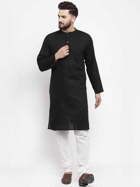 Jompers Men Black & White Solid Pin-tucks Kurta Only