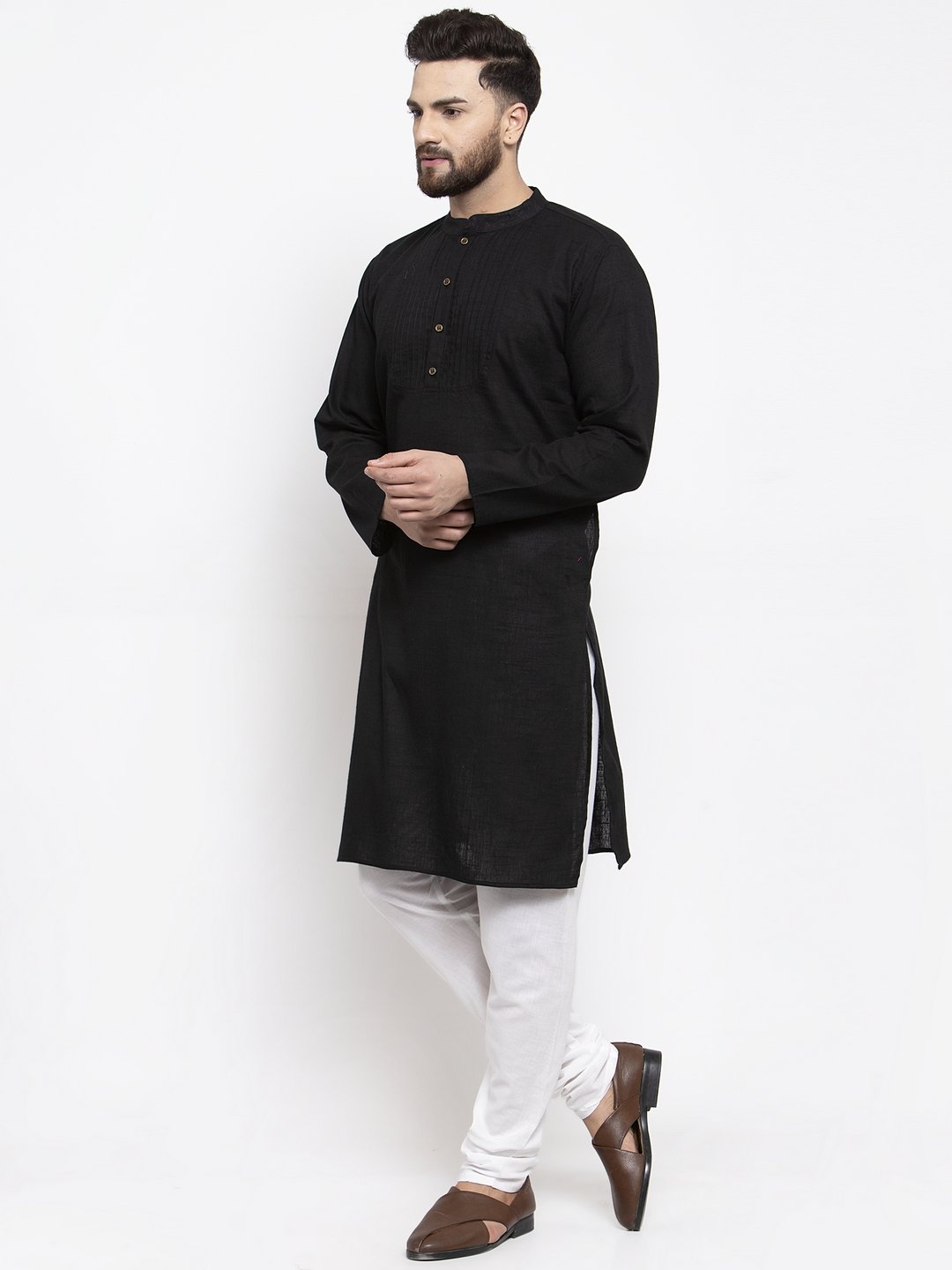 Jompers Men Black & White Solid Pin-tucks Kurta with Churidar - Distacart