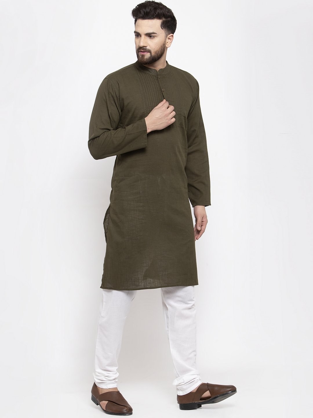 Jompers Men Olive-Green & White Solid Pin-tucks Kurta Only - Distacart