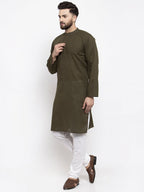 Jompers Men Olive-Green & White Solid Pin-tucks Kurta with Churidar - Distacart