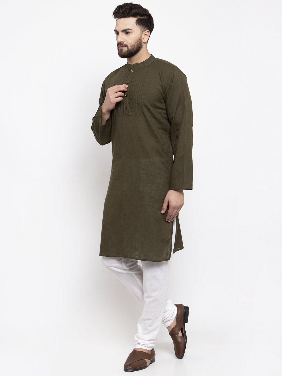 Jompers Men Olive-Green & White Solid Pin-tucks Kurta with Churidar - Distacart