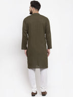 Jompers Men Olive-Green & White Solid Pin-tucks Kurta Only - Distacart