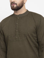 Jompers Men Olive-Green & White Solid Pin-tucks Kurta Only - Distacart
