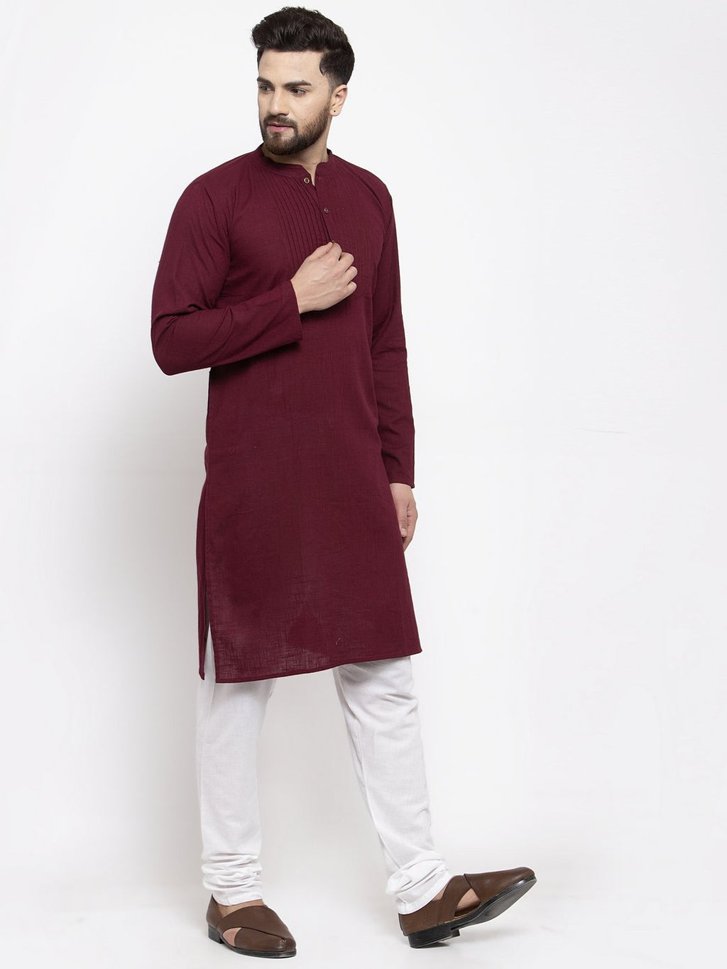 Jompers Men Purple & White Solid Pin-tucks Kurta Only - Distacart