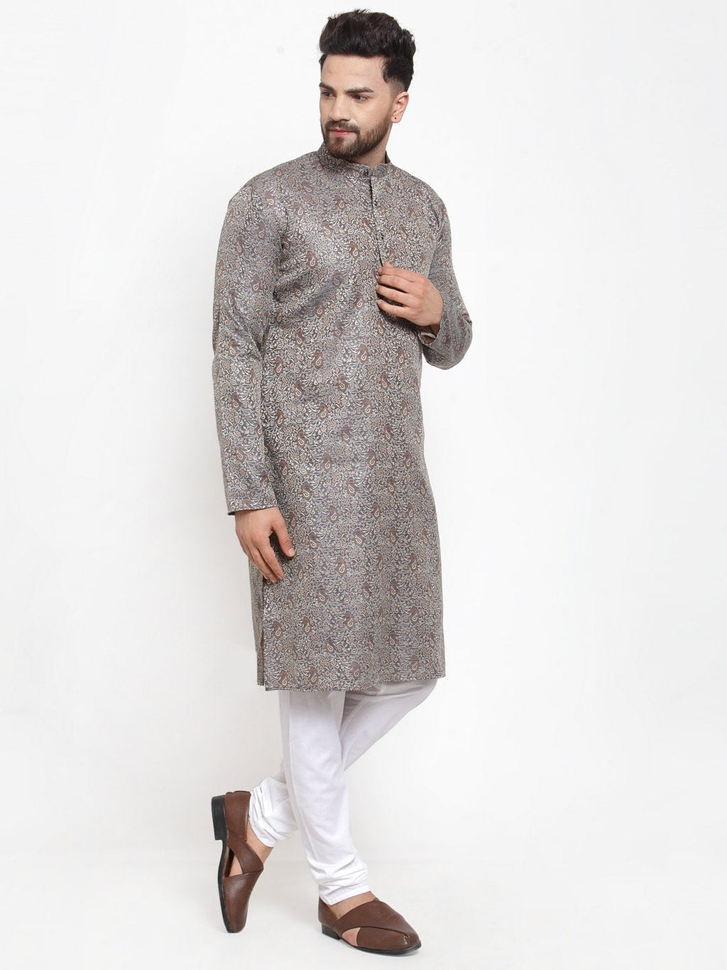 Jompers Men Grey & White Woven Design Kurta with Churidar - Distacart