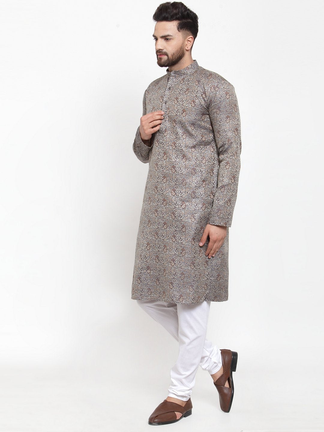 Jompers Men Grey & White Woven Design Kurta with Churidar - Distacart